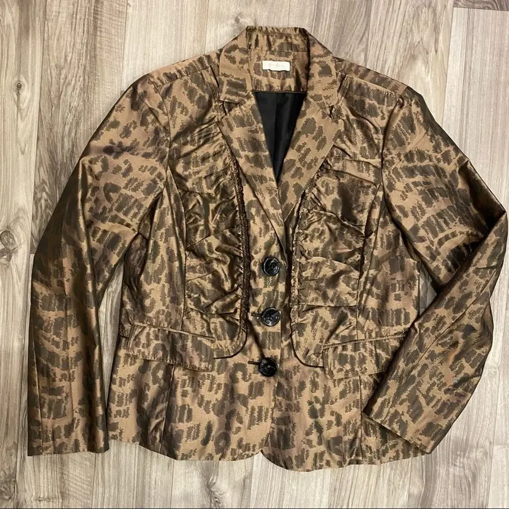 CHICO’S L Shimmery Bronze Taffeta Light Jacket‎ Ruffle Front Thong Tied Buttons
